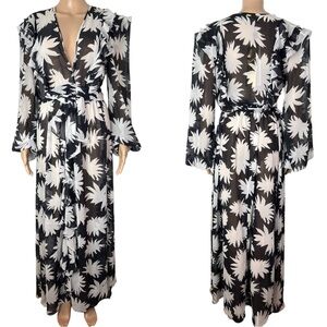 New PatBO Dahlia Ruffle Tie-Front Black and White Sheer Robe Cover Up